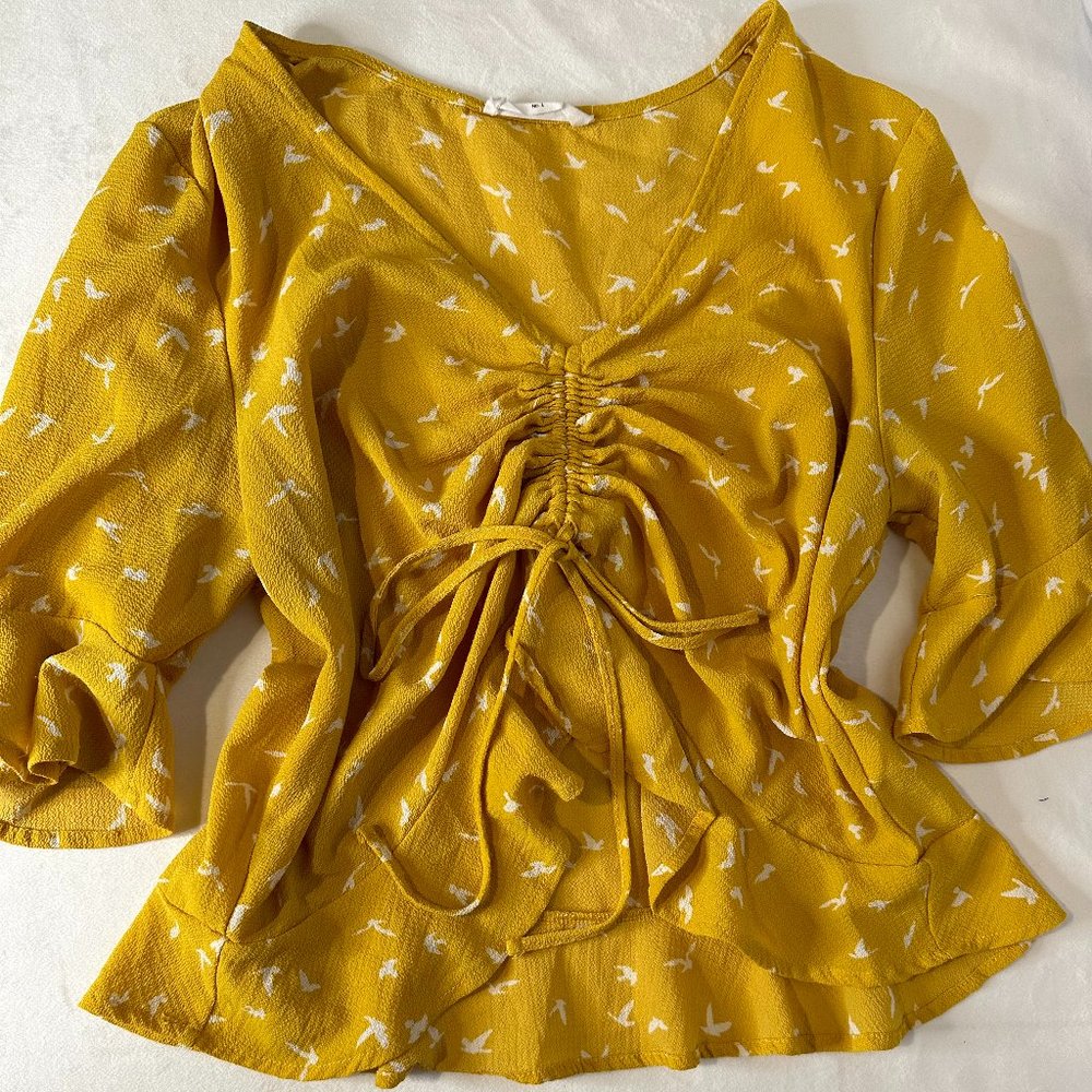 Elodie - Bird‎ Print Cropped Drawstring Blouse Yellow and White Size L